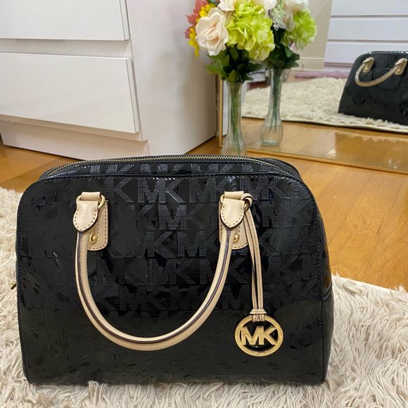 Michael Kors Shiny Black Monogram Satchel Bag - Picture 4 of 14